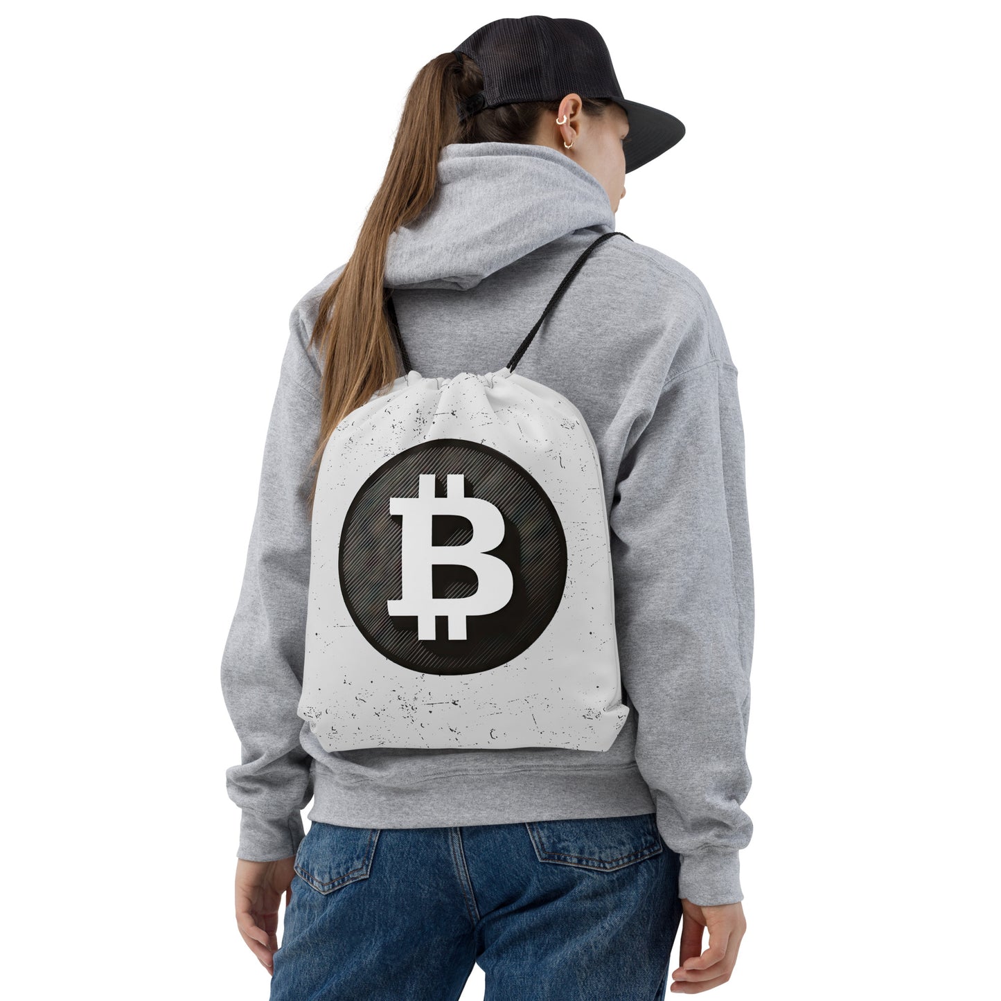 Bitcoin Drawstring bag with black bitcoin logo on white background shown on female model