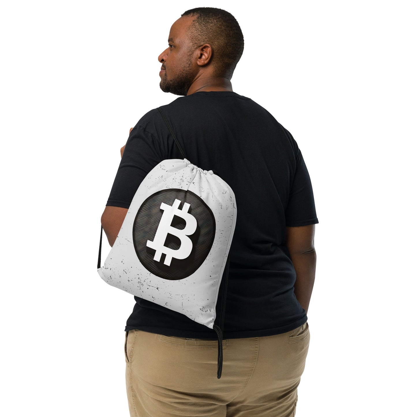 Bitcoin Drawstring bag with black bitcoin logo on white background shown on male model