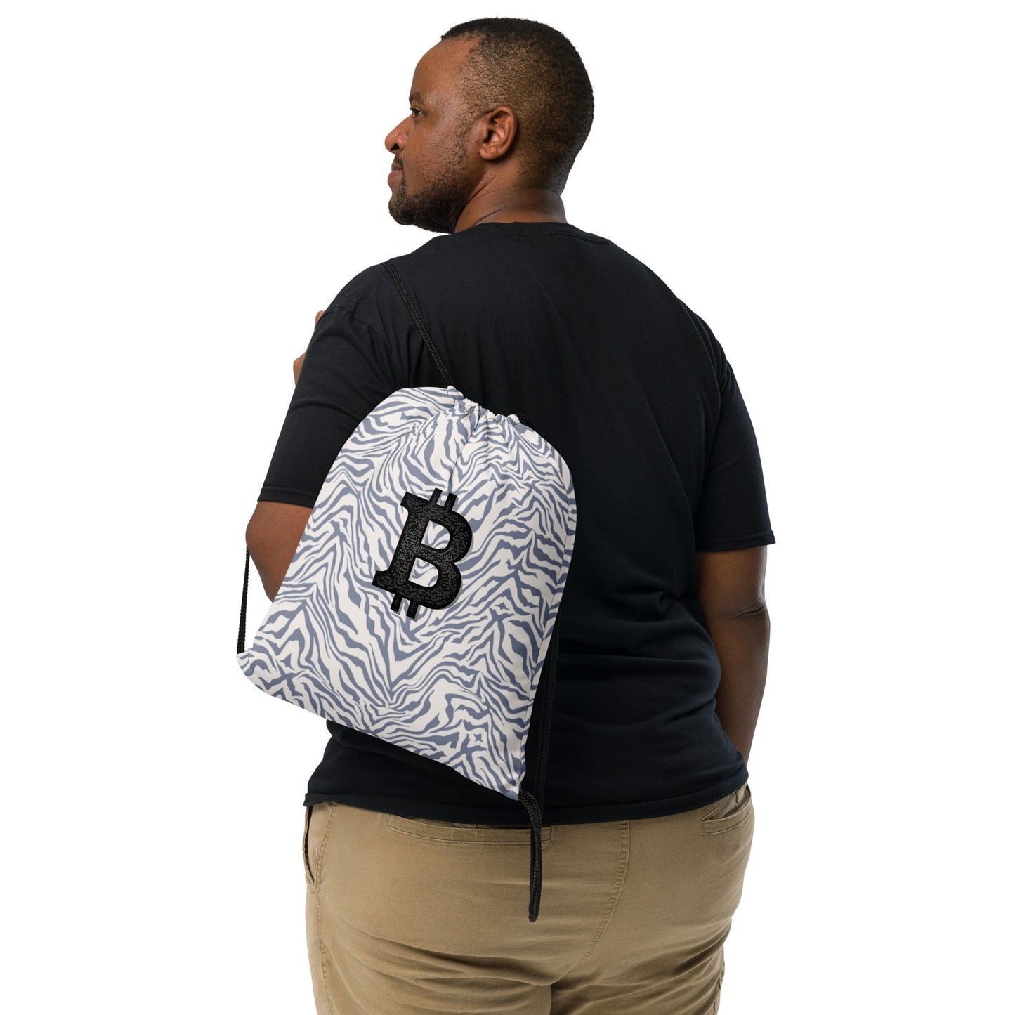 Bitcoin Drawstring bag with black bitcoin logo on white blue background shown on male model