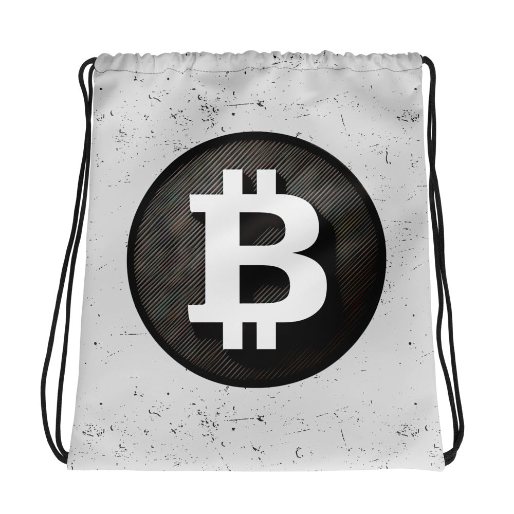 Bitcoin Drawstring bag with black bitcoin logo on white background