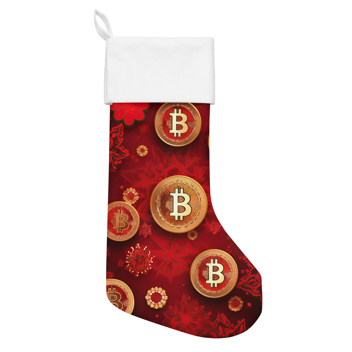 Christmas stocking with bitcoin logo in red