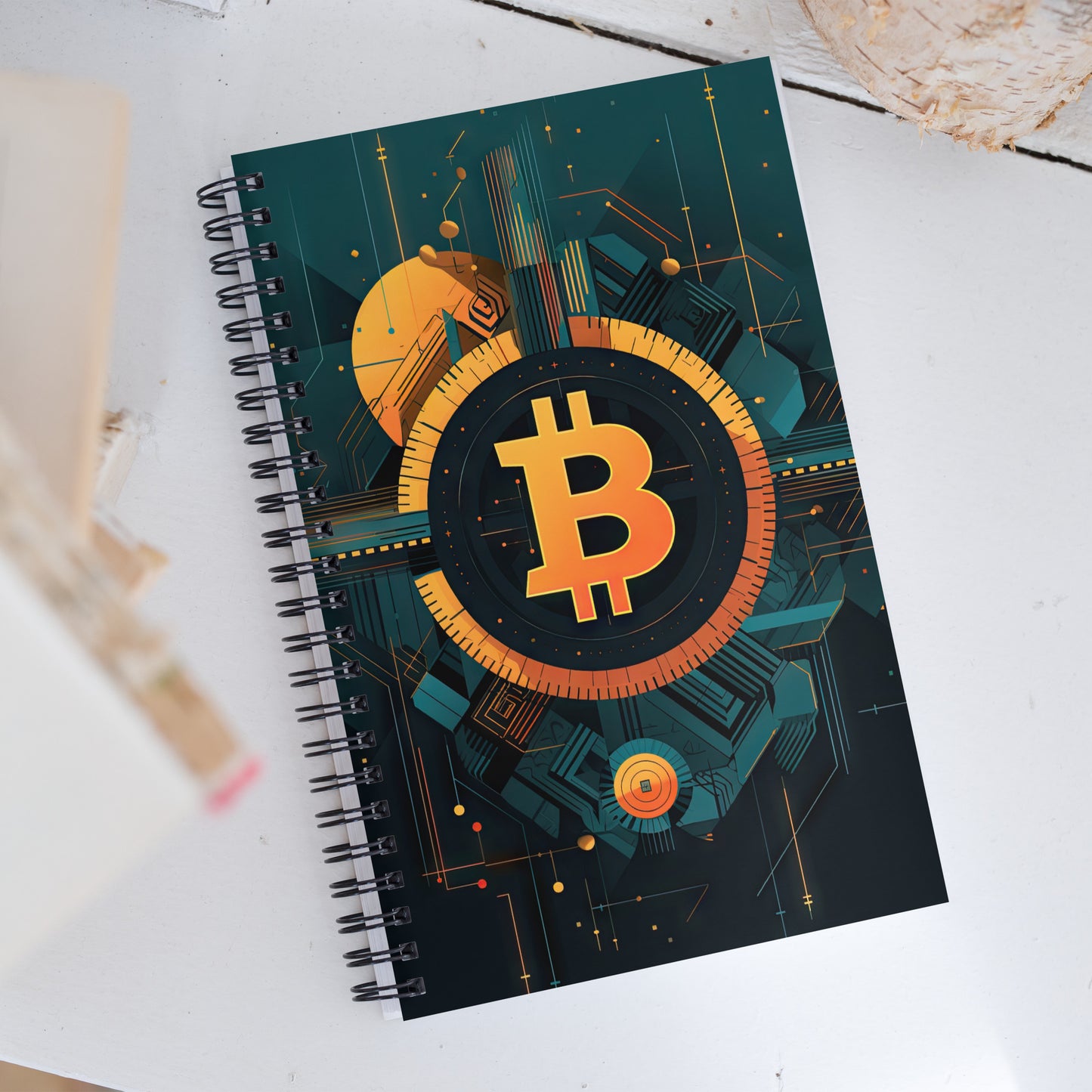 140 page spiral notebook with bitcoin logo design on cover