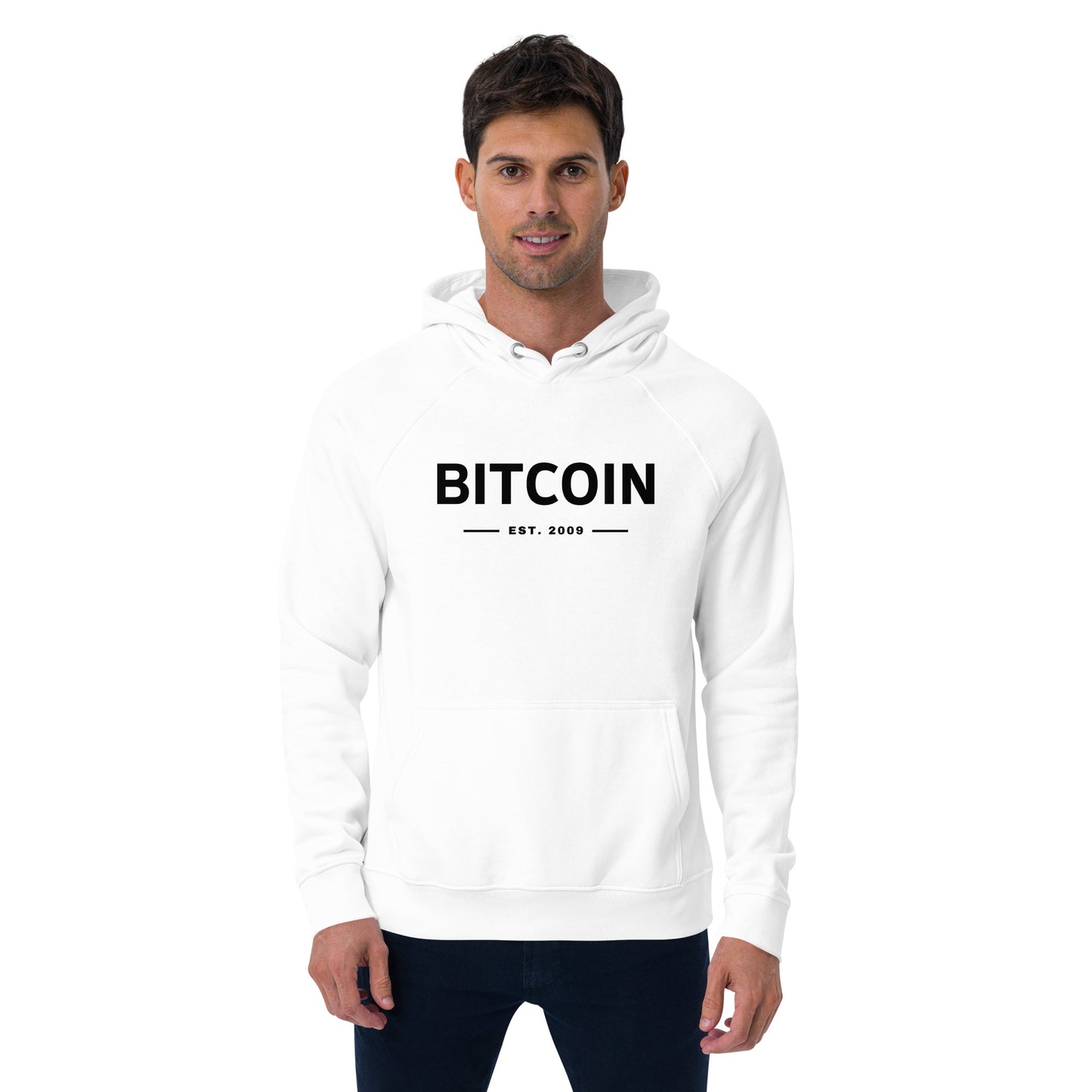 Organic hoodie with Bitcoin EST 2009 text on front