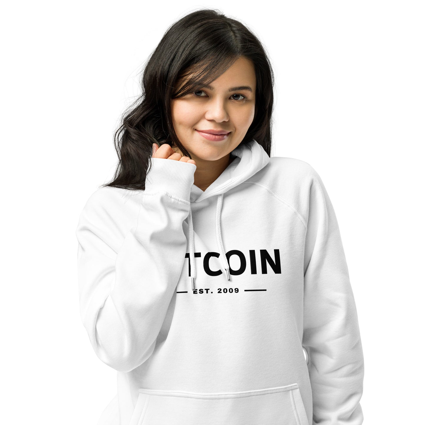 Organic hoodie with Bitcoin EST 2009 text on front