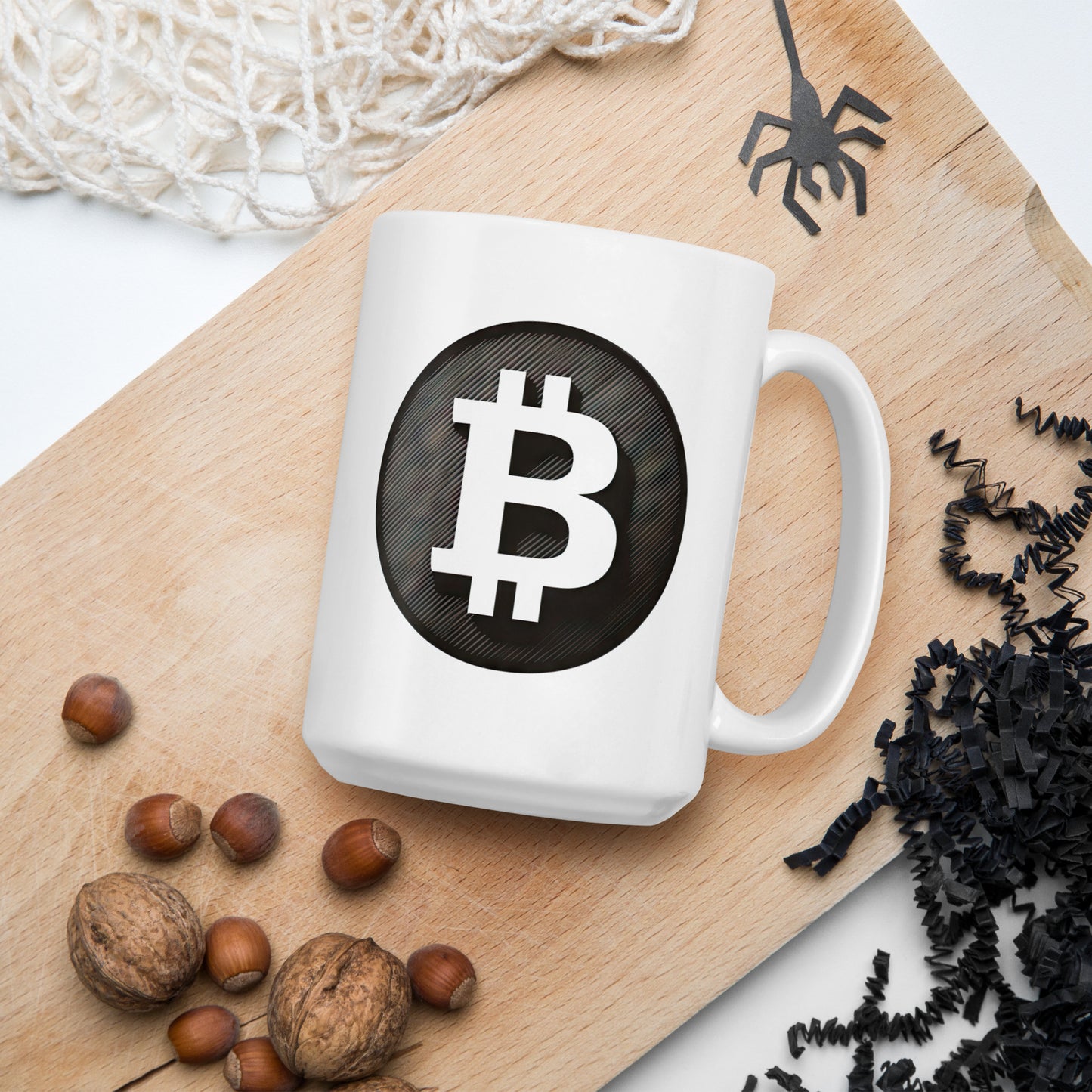 White ceramic mug with Black and White bitcoin logo on either side