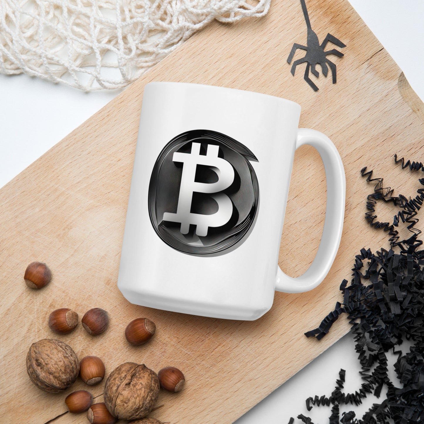White ceramic mug with gray & black modern bitcoin logo on either side