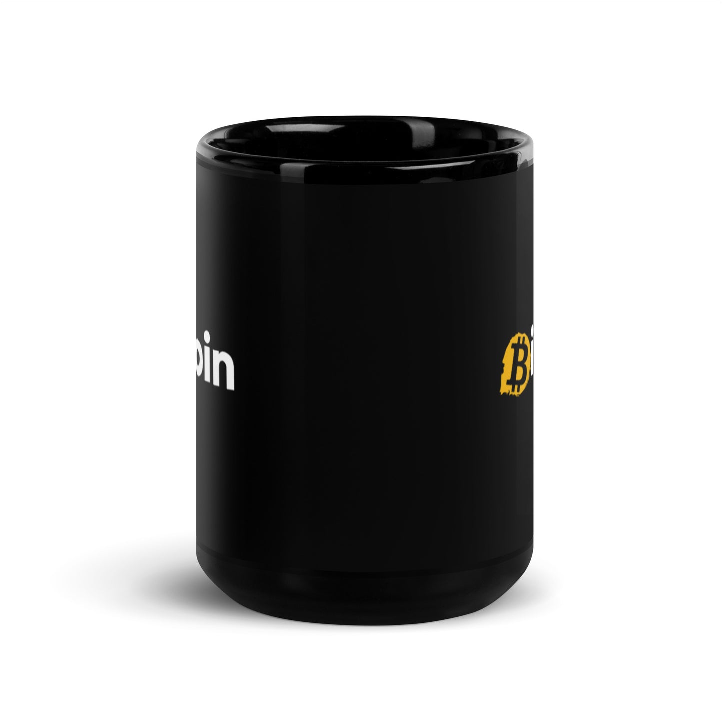 Black ceramic mug with bitcoin logo on either side