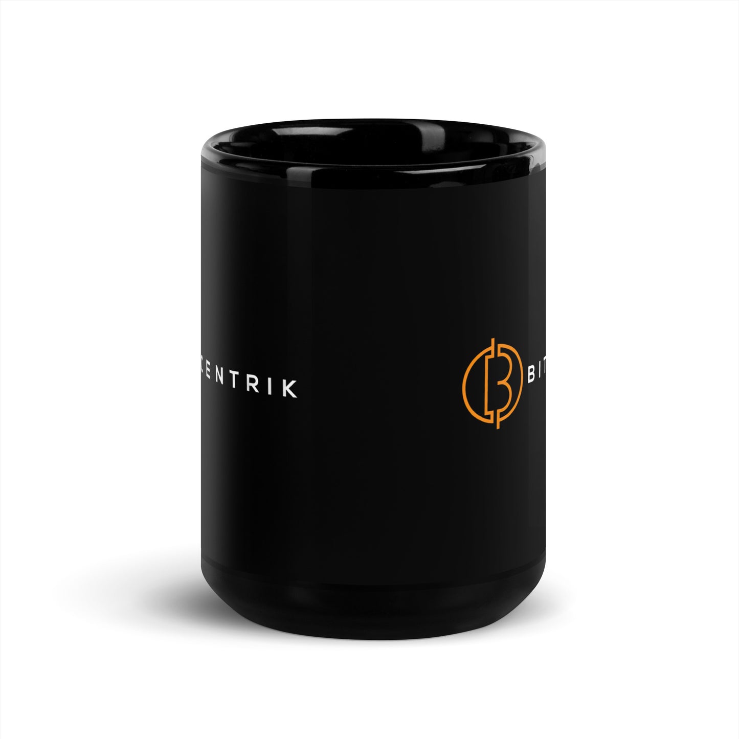 Black mug with orange Bitcoin Bitcentrik text and logo on both sides