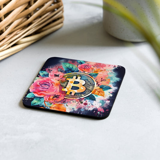 Cork back coaster with floral bitcoin logo design on black background.