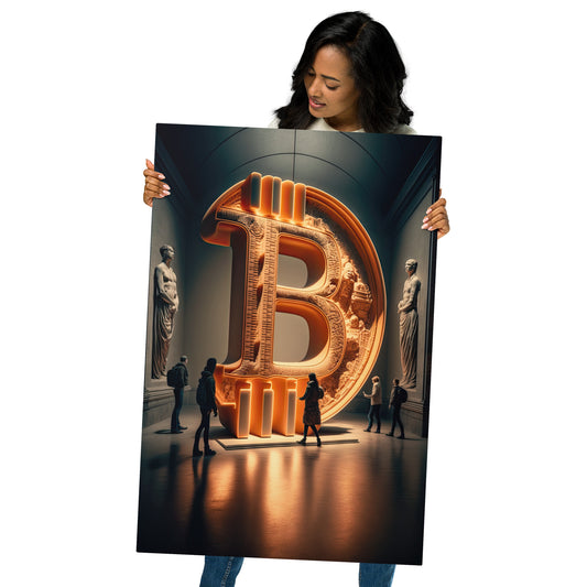 Female model holding Metal Aluminum Print wall art showing Bitcoin logo middle of a museum as an exhibit piece with people around it admiring it