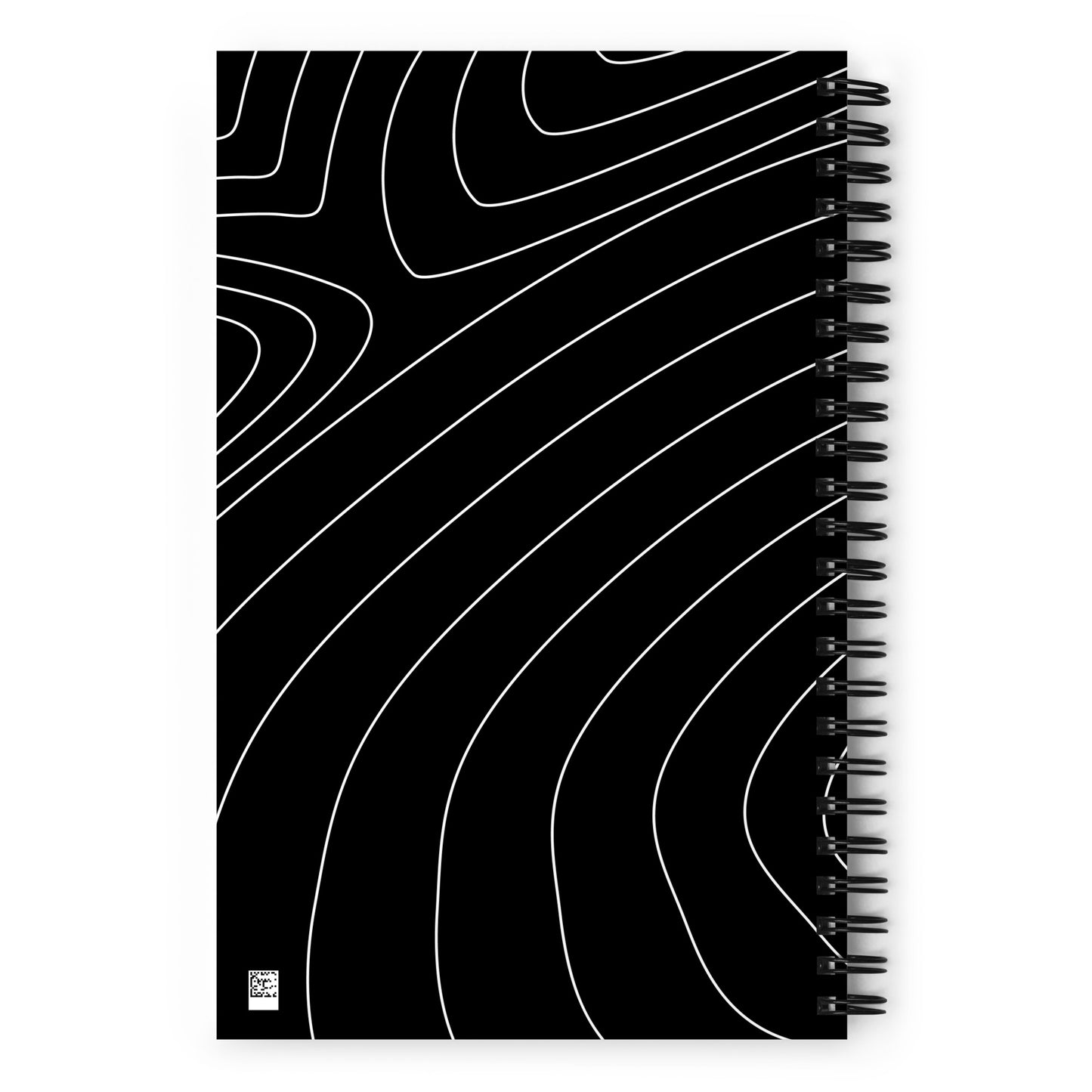 Back of spiral notebook with black and white design to match the front