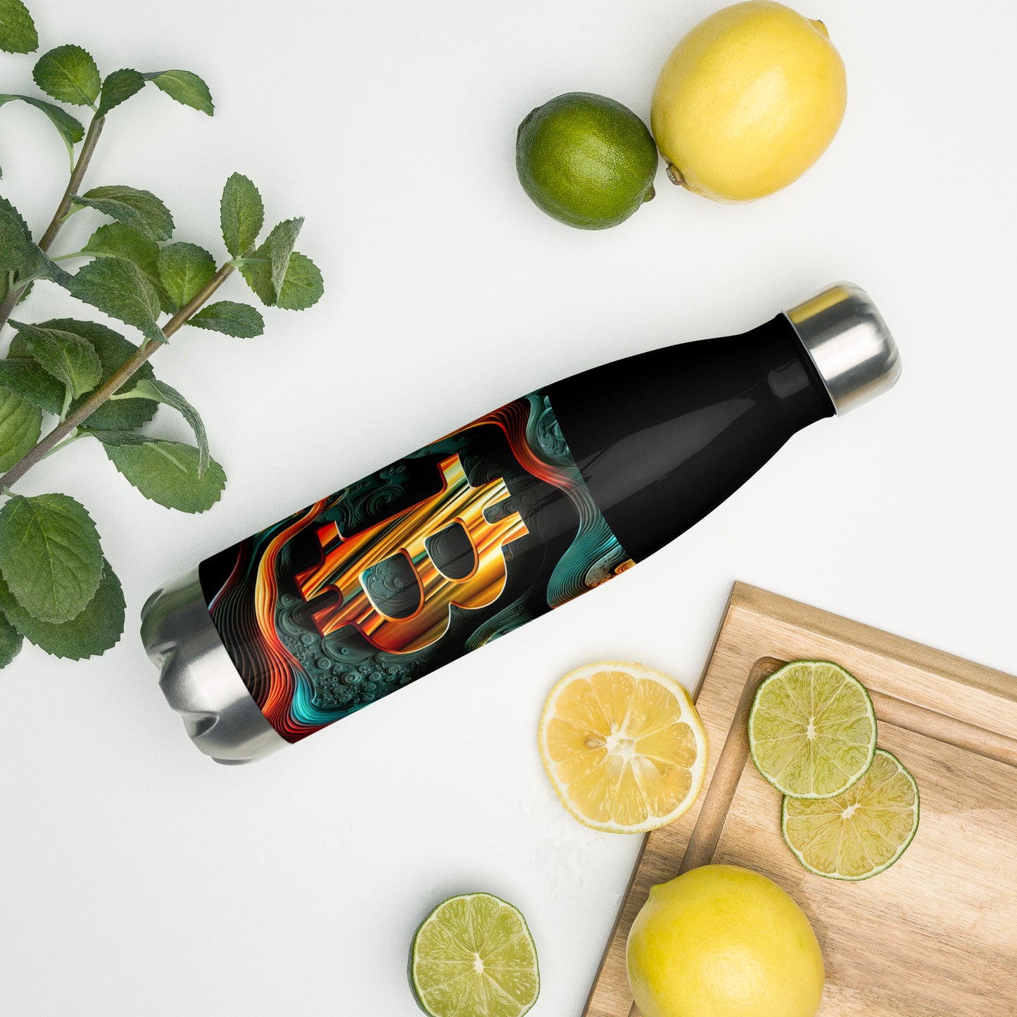 Black Stainless Steel Water Bottle with orange teal wavy Bitcoin Logo shown on counter