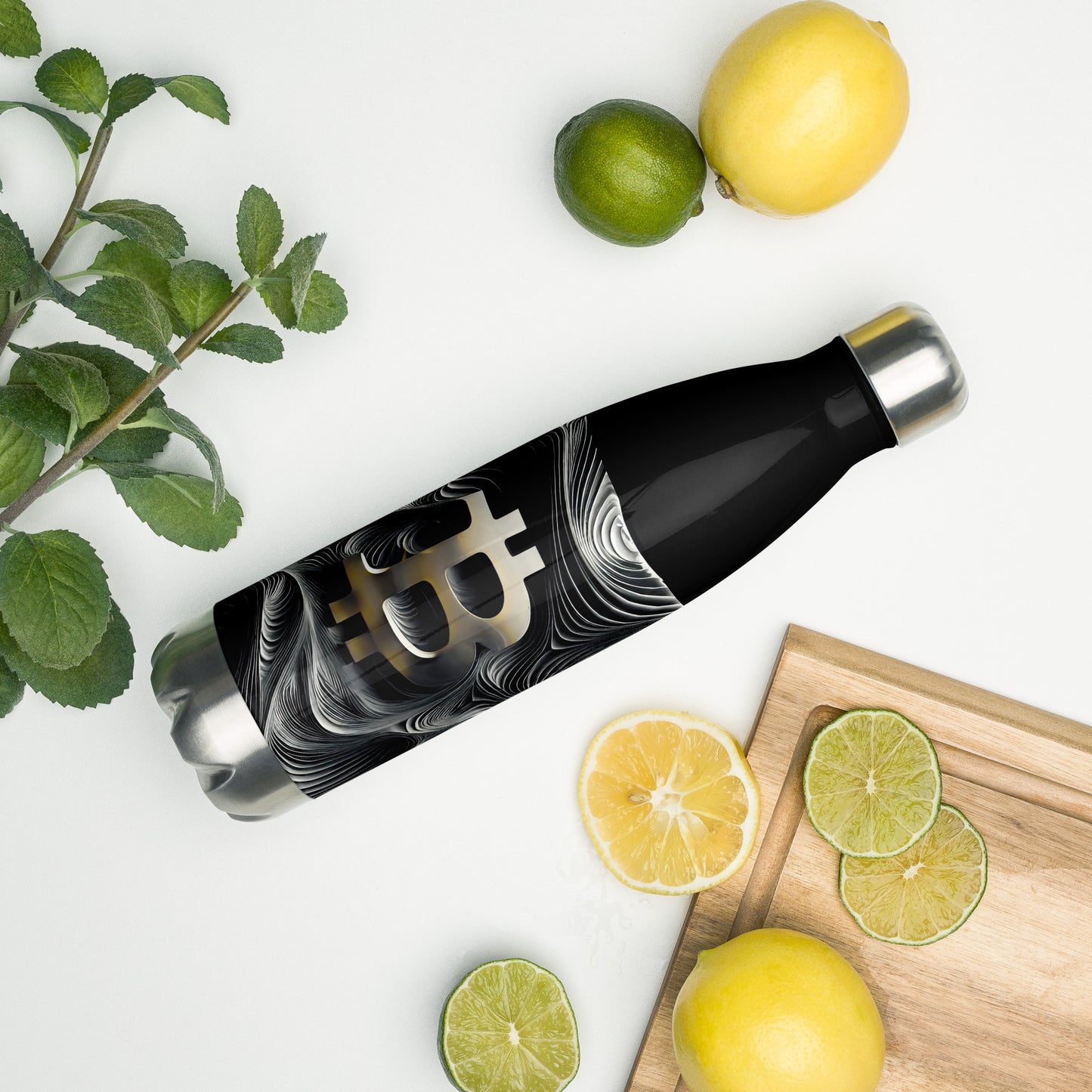 Black Stainless Steel Water Bottle with gray gold wavy Bitcoin Logo shown on counter
