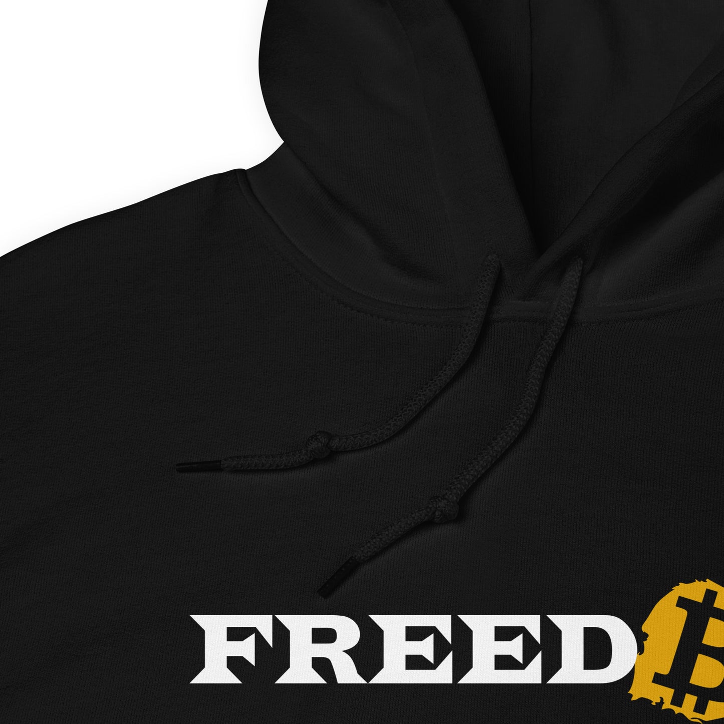 A heavy blend black hoodie close up of neck and chest area with the word ‘Freedom’ written on it in white letters. The letter ‘o’ is replaced with the orange bitcoin logo.