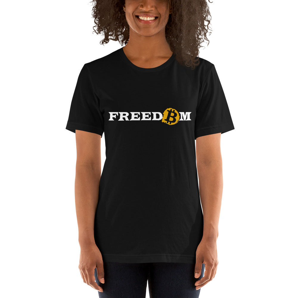 Female model wearing a short sleeve black color t-shirt with the word ‘Freedom’ written on it in white letters. The letter ‘o’ is replaced with the orange bitcoin logo.