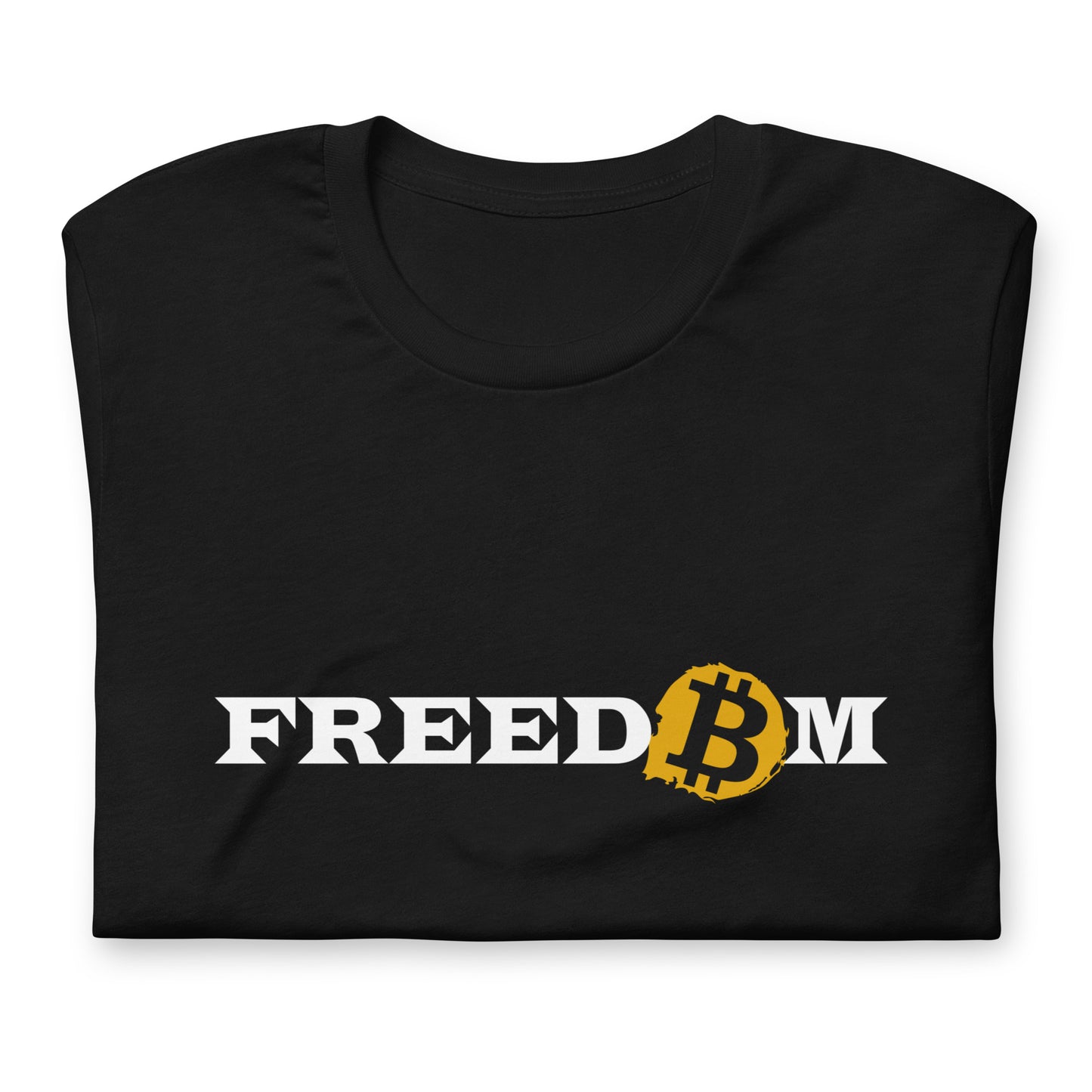 Close up of a short sleeve black color t-shirt with the word ‘Freedom’ written on it in white letters. The letter ‘o’ is replaced with the orange bitcoin logo.