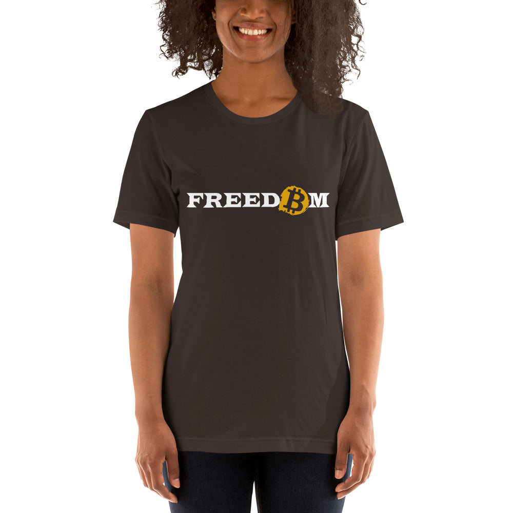 Female model wearing a short sleeve brown color t-shirt with the word ‘Freedom’ written on it in white letters. The letter ‘o’ is replaced with the orange bitcoin logo.