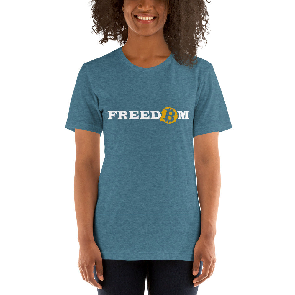 Female model wearing a short sleeve heather deep teal color t-shirt with the word ‘Freedom’ written on it in white letters. The letter ‘o’ is replaced with the orange bitcoin logo.