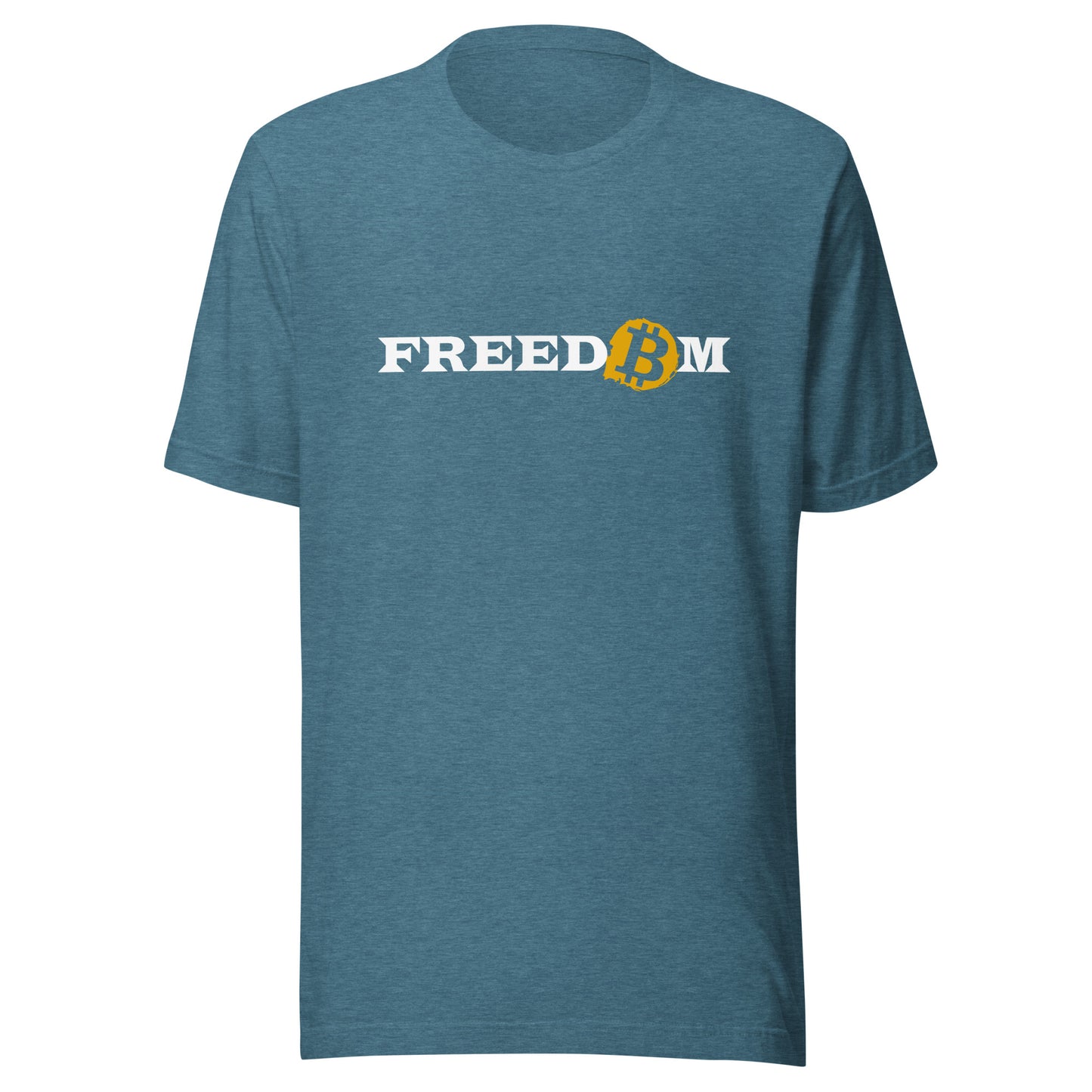 A short sleeve heather deep teal color t-shirt with the word ‘Freedom’ written on it in white letters. The letter ‘o’ is replaced with the orange bitcoin logo.