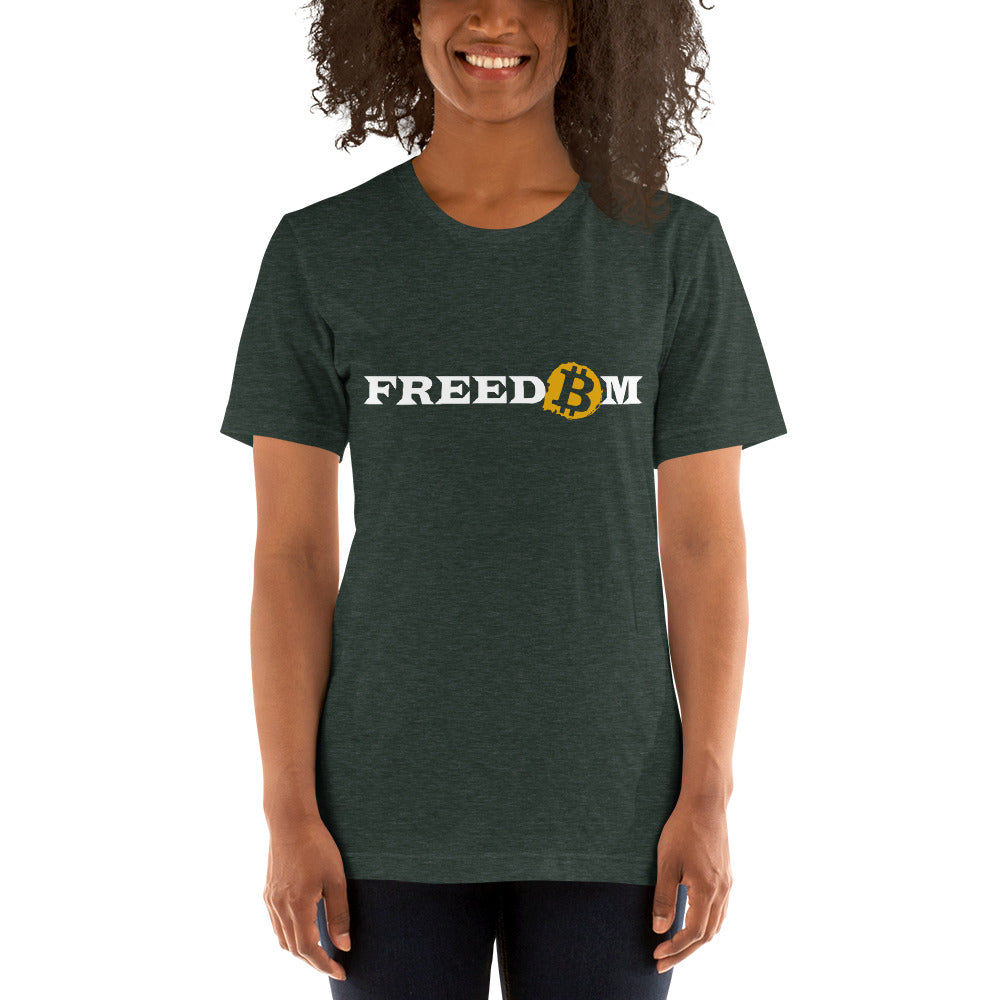 Female model wearing a short sleeve heather forest color t-shirt with the word ‘Freedom’ written on it in white letters. The letter ‘o’ is replaced with the orange bitcoin logo.