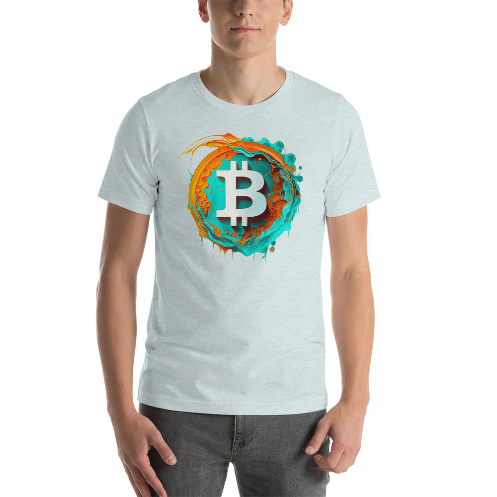 T-shirt with orange and teal bitcoin logo on the front