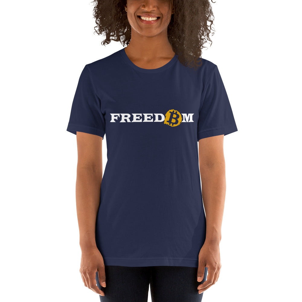 Female model wearing a short sleeve navy color t-shirt with the word ‘Freedom’ written on it in white letters. The letter ‘o’ is replaced with the orange bitcoin logo.