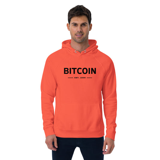 Organic hoodie with Bitcoin EST 2009 text on front