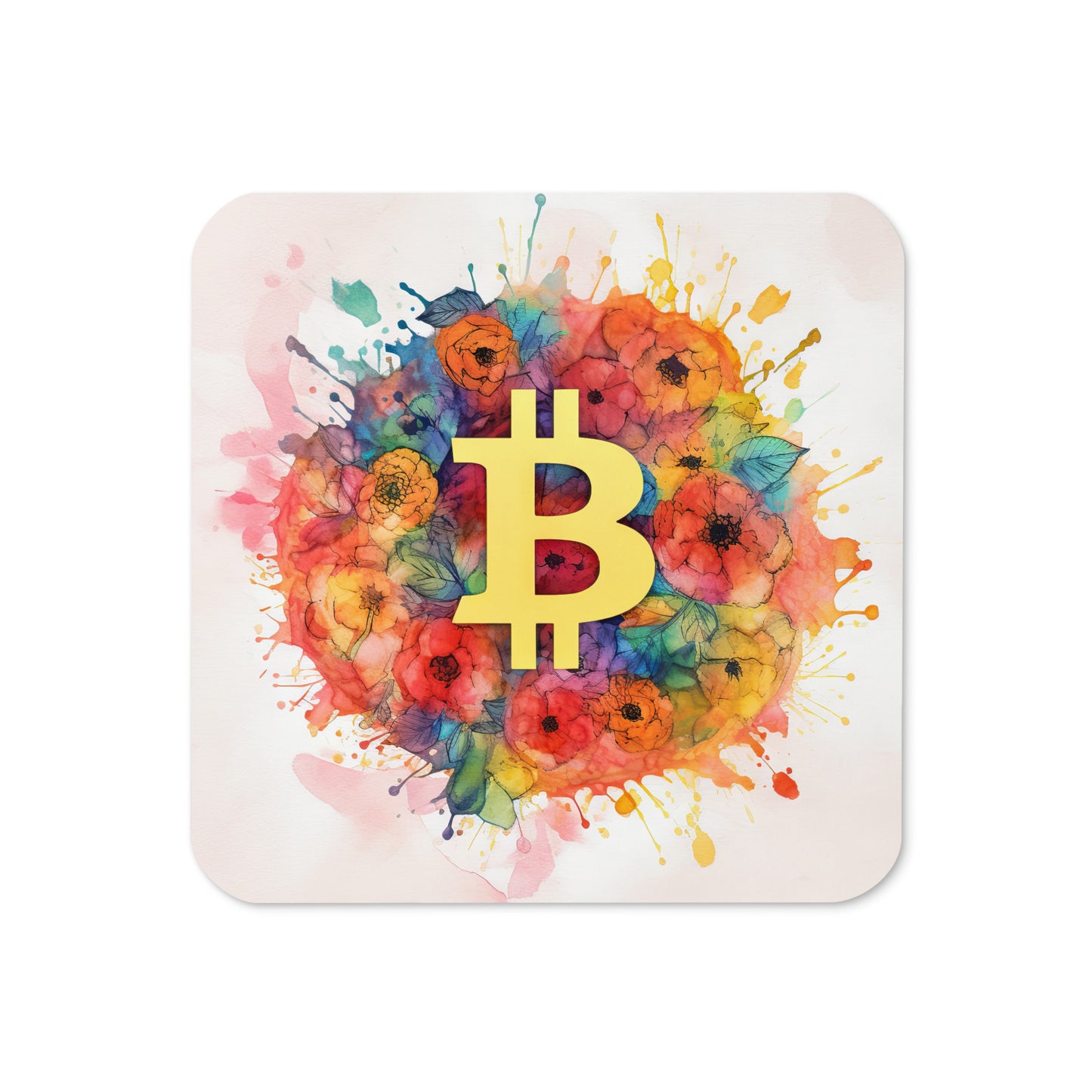 Cork back coaster with floral bitcoin logo design on white background. 
