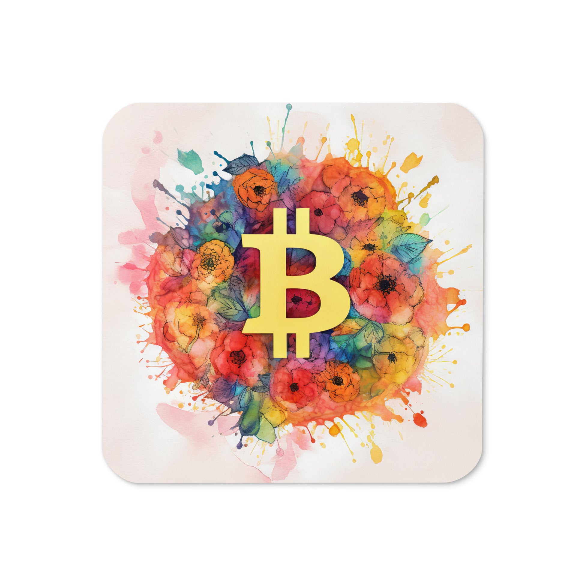 Cork back coaster with floral bitcoin logo design on white background. 