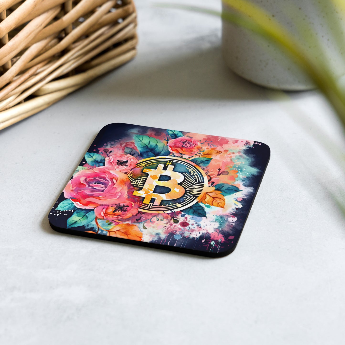 Cork back coaster with floral bitcoin logo design on black background. 
