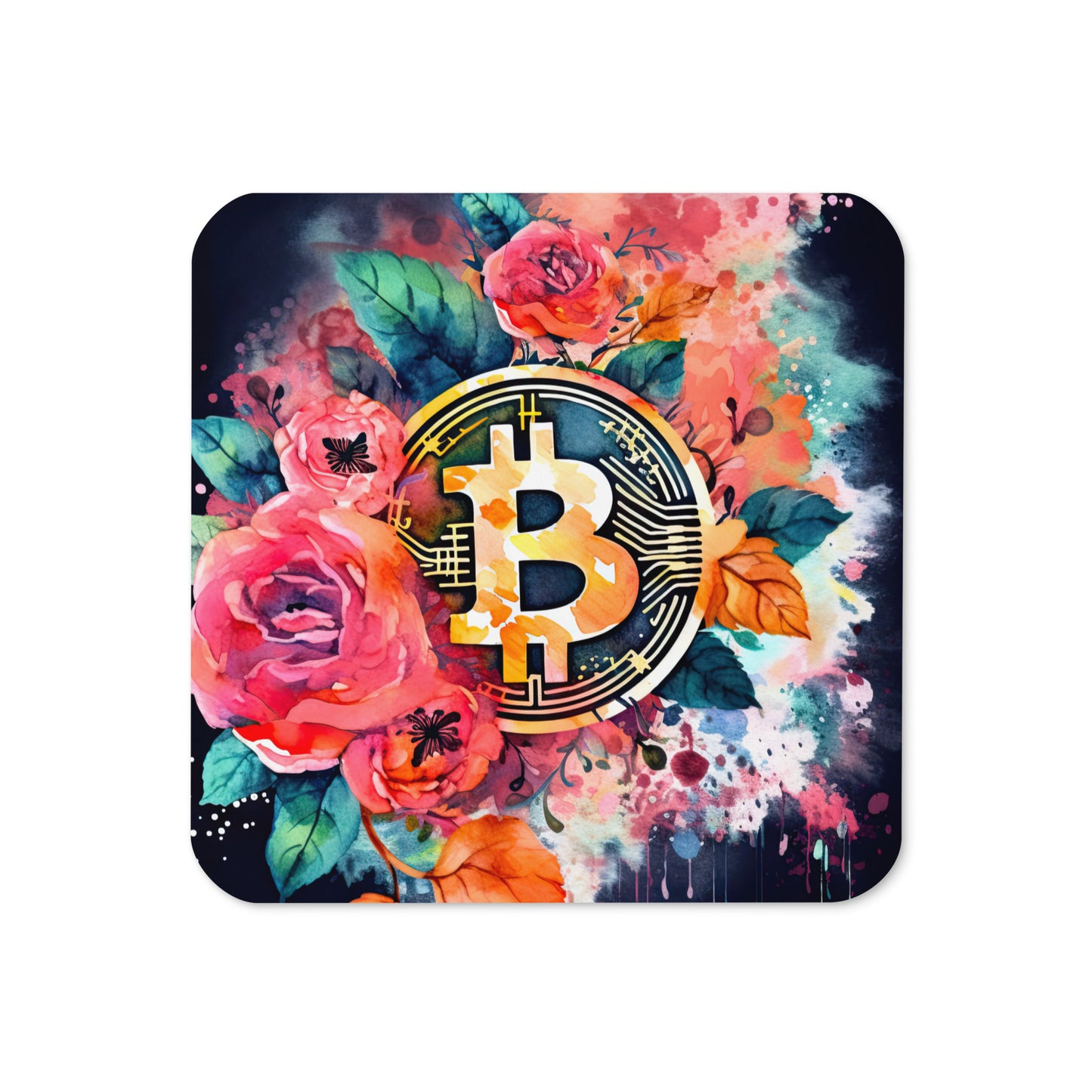 Cork back coaster with floral bitcoin logo design on black background shown placed on a table.  