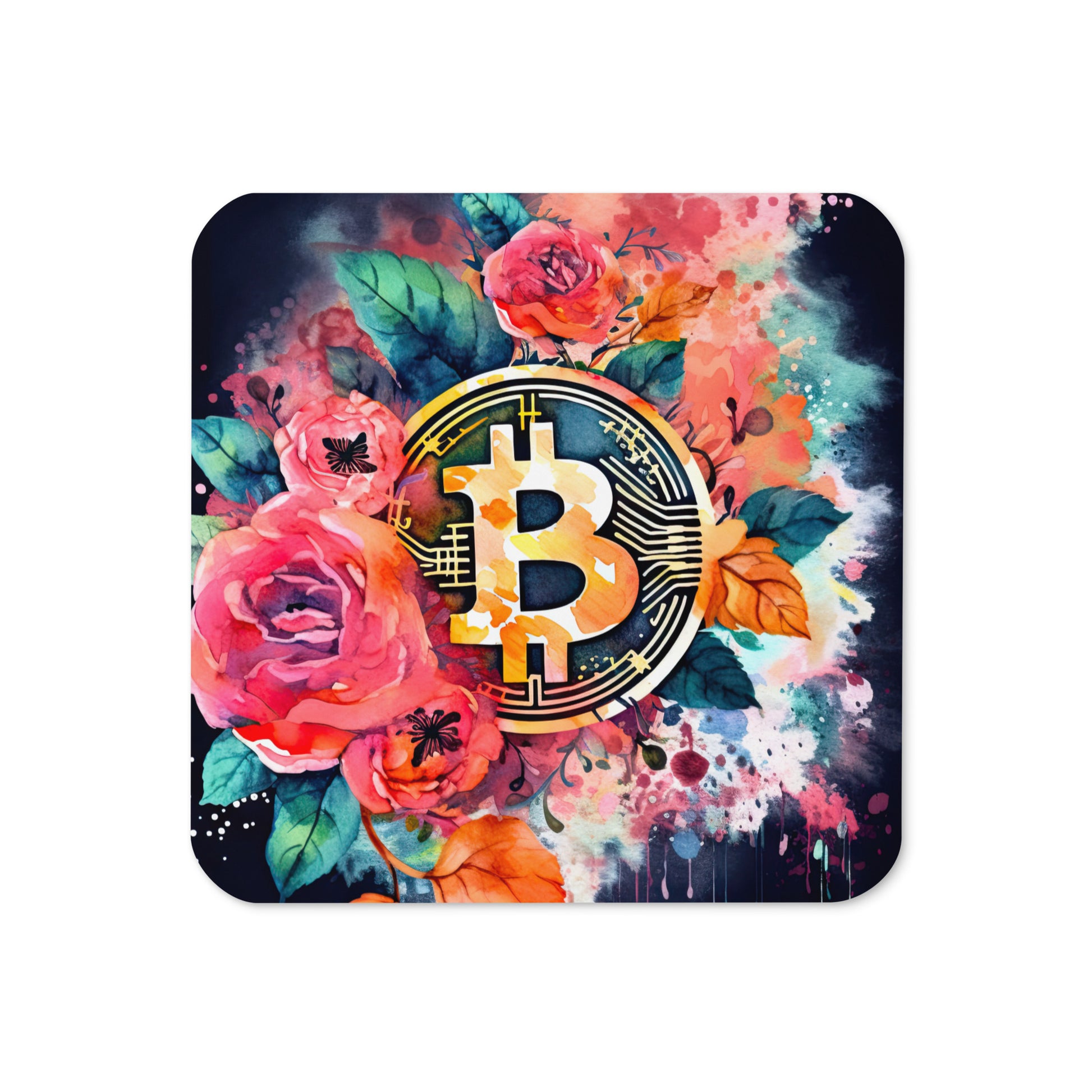 Cork back coaster with floral bitcoin logo design on black background shown placed on a table.  