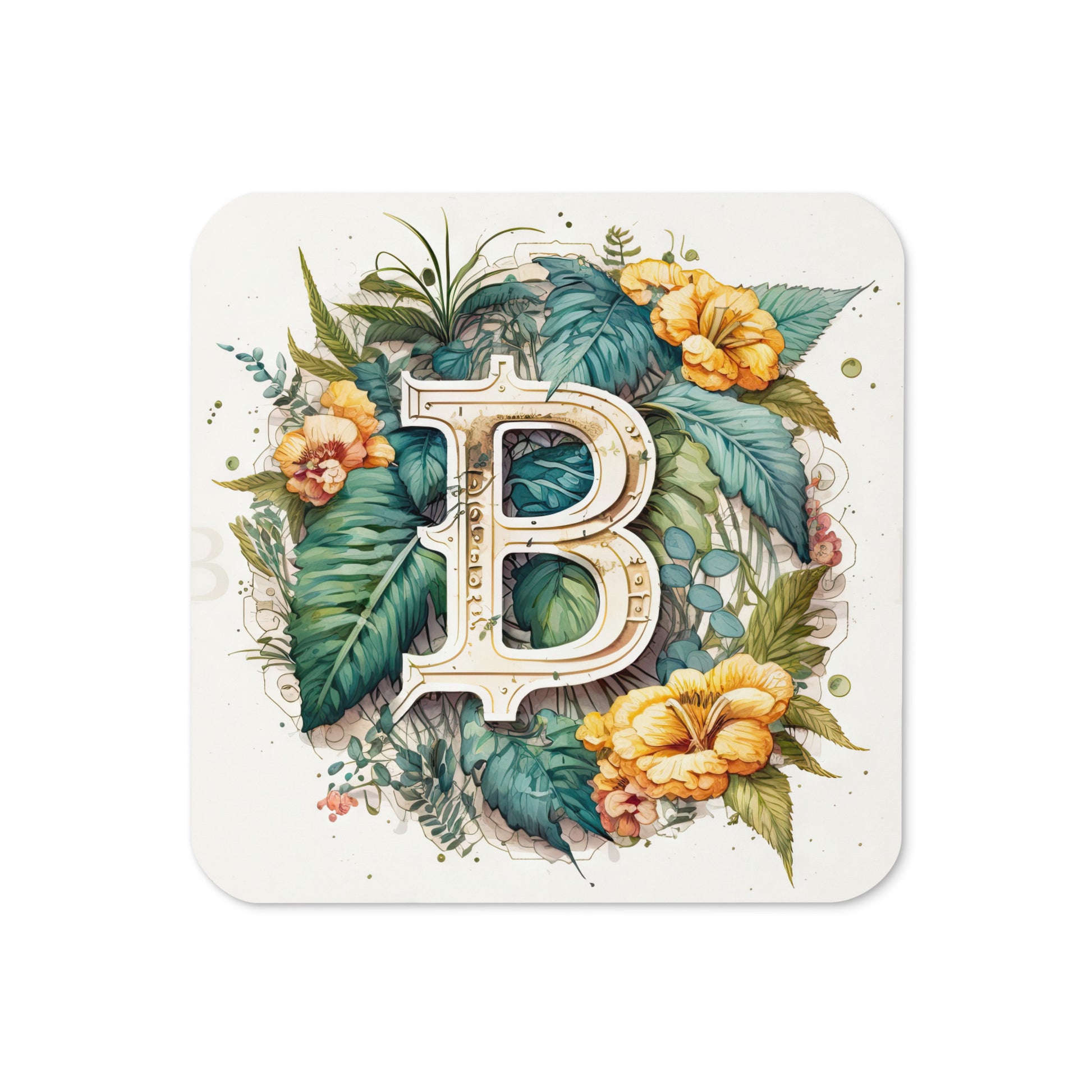 Cork back coaster with floral bitcoin logo design on white background shown placed on a table.  