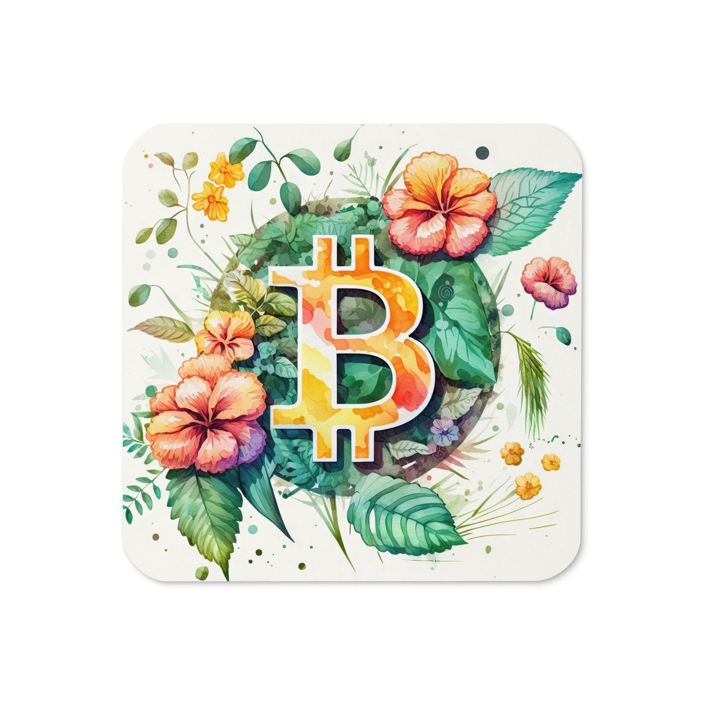 Cork back coaster with floral bitcoin logo design on white background shown placed on a table.  