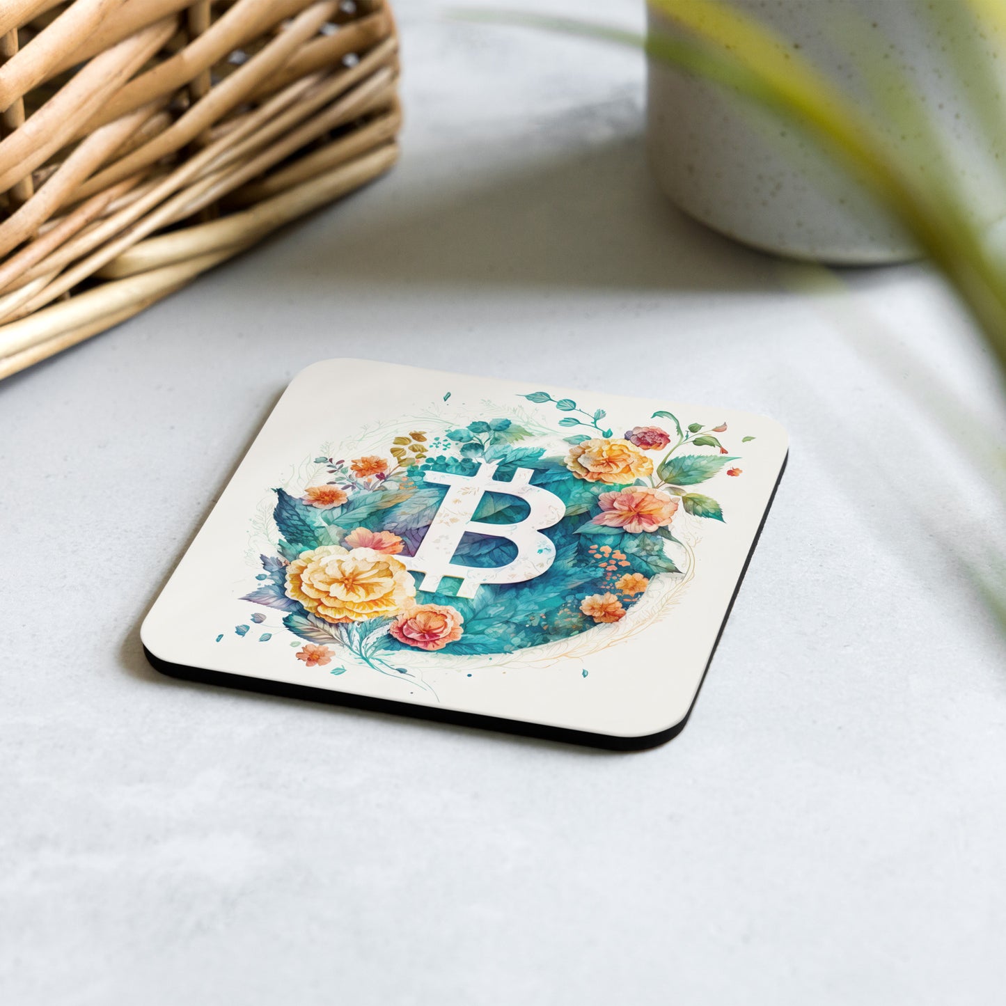 Digital Petals Bitcoin Cork-Back Coaster