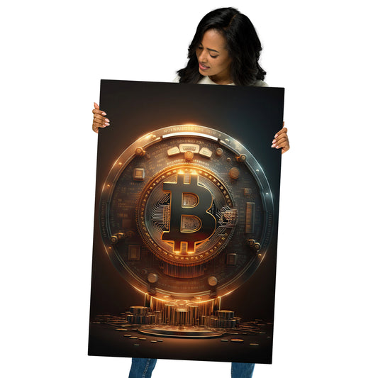 Female model holding Metal Aluminum Print wall art showing Bitcoin logo on a vault door on black background