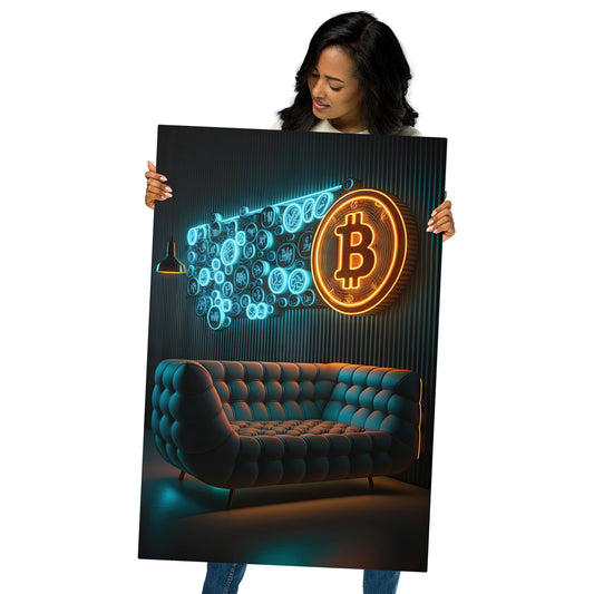 Female model holding Metal Aluminum Print wall art showing neon lounge with couch in the center and the Bitcoin sign hanging on the wall to better show size of the print