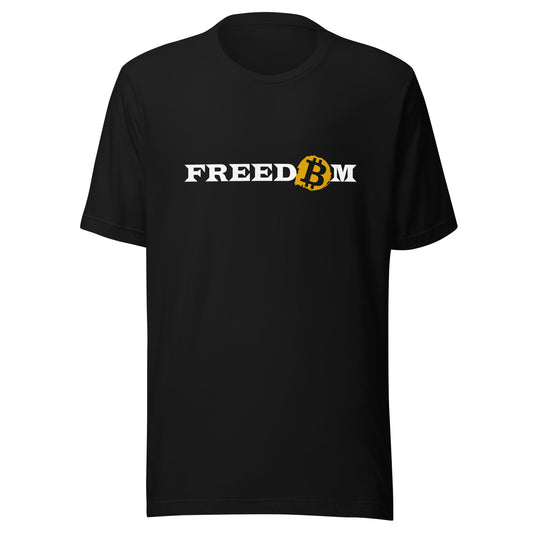 A short sleeve black t-shirt with the word ‘Freedom’ written on it in white letters. The letter ‘o’ is replaced with the orange bitcoin logo.