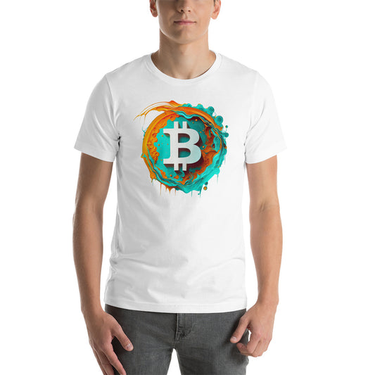 T-shirt with orange and teal bitcoin logo on front